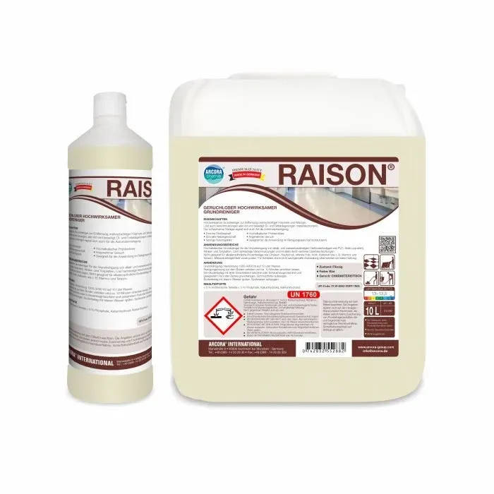 Zwei Gebinde des Arcora RAISON Geruchloser Hochwirksamer Grundreiniger von Arcora International GmbH, eine Flasche und ein großer Krug mit detaillierter deutscher Beschriftung, sind vor weißem Hintergrund abgebildet - ideal für professionelle Reinigungsaufgaben.