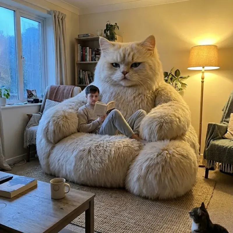 Lazy Giant White Cat Plush Lounge Sofa - Image 0