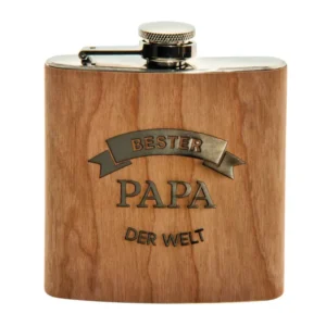 Flachmann mit Holz-Verkleidung mit der Schrift "Bester Papa der Welt"