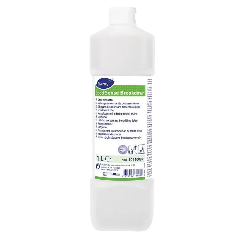 Eine weiße 1-L-Plastikflasche mit der Aufschrift „Good Sense Breakdown, Geruchsentferner“ von Diversey Deutschland GmbH & Co. OHG mit mehrsprachigem Text und weißem Schraubverschluss. Neutralisiert Gerüche effektiv – ideal als Geruchsentferner.