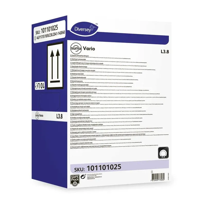 Eine rechteckige Schachtel Diversey Suma Vario L3.8 Geschirrreiniger mit Bleiche ohne Chlorgeruch (SKU 101101025) von Diversey Deutschland GmbH & Co. OHG zeigt Produktdetails, Barcodes, schwarze nach oben gerichtete Pfeile und Kapazitätsmarkierungen auf einem weiß-blauen Hintergrund.