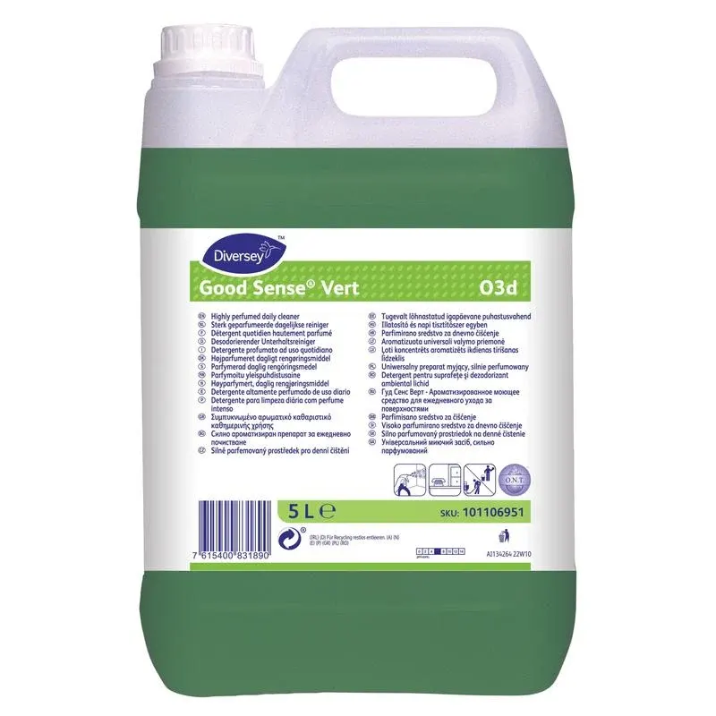 Ein 5-Liter-Kunststoffbehälter von Diversey Deutschland GmbH & Co. OHG Good Sense Vert, hochparfümierter Allzweckreiniger mit O.N.T. Technologie, mit einer grünen Lösung und einem weißen mehrsprachigen Frontetikett.
