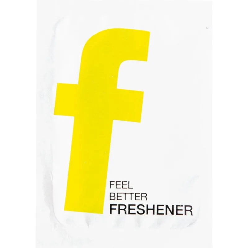 Ein fettes, gelbes "f" in Kleinbuchstaben steht mittig auf Weiß, darunter in Schwarz "FEEL BETTER FRESHENER" - perfekt für die Erfrischungstücher der Duni GmbH, 71x51 mm, neutrale Feuchttücher für unterwegs, Packung (1000 Stück).