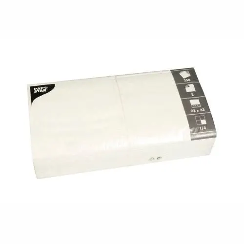 Eine versiegelte Packung mit 250 PAPSTAR 2-lagigen weißen Servietten (33 x 33 cm, 1/8 Falz) der PAPSTAR GmbH mit schwarz-weißem Etikett – perfekt für eine stilvoll gedeckte Tafel.