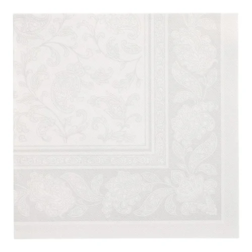 Draufsicht auf eine weiße PAPSTAR 20 Servietten "ROYAL Collection" 1/4-Falz Serviette (40x40 cm) der PAPSTAR GmbH mit geprägter Blumen- und Paisley-Bordüre auf weißem Hintergrund.