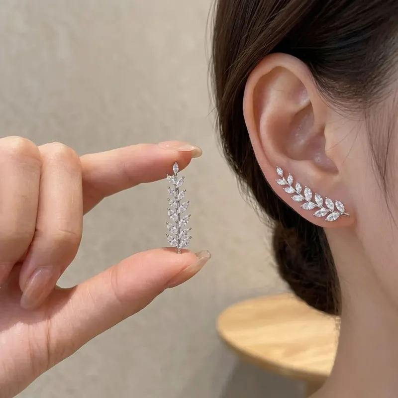 Silver Leaf Rhinestone Climber Earrings