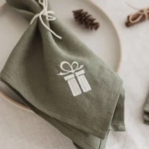 Linen Christmas Napkins Set in Forest Green with Embroidery Epic Linen