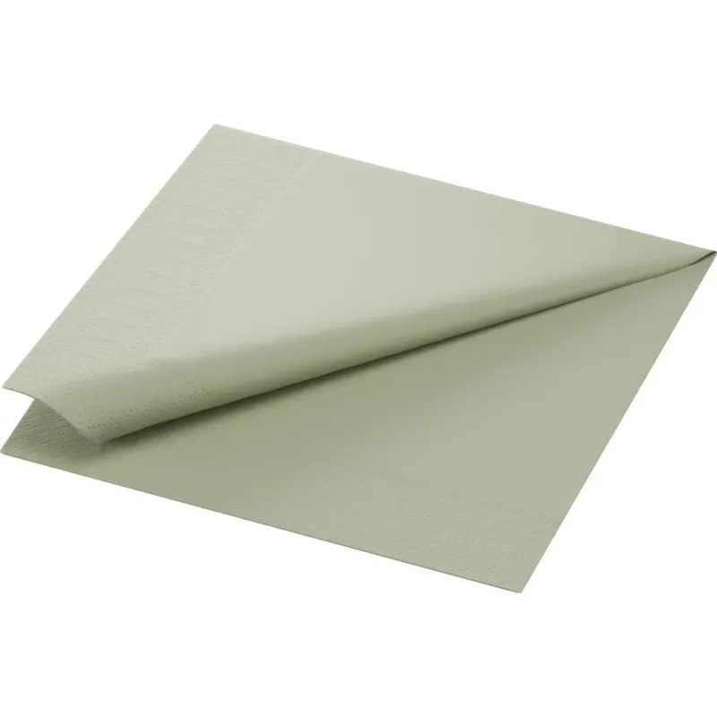 Eine gefaltete Zellt.Serv.40x40 3lg. 1/4 F. pistaziengrüne Serviette der Duni GmbH, mit dezenter Randprägung, steht auf einem schlichten weißen Hintergrund. Packung mit 250 hochwertigen Servietten.