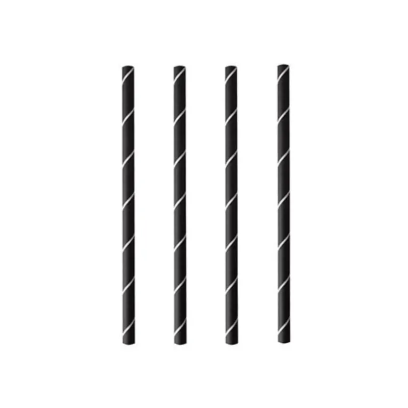 Vier PAPSTAR Cocktailstrohhalme 7 mm, schwarz/weiß "Stripes", 15 cm (250 Stück) der PAPSTAR GmbH sind senkrecht auf weißem Hintergrund angeordnet und heben diese stilvollen und umweltfreundlichen Papierstrohhalme hervor.