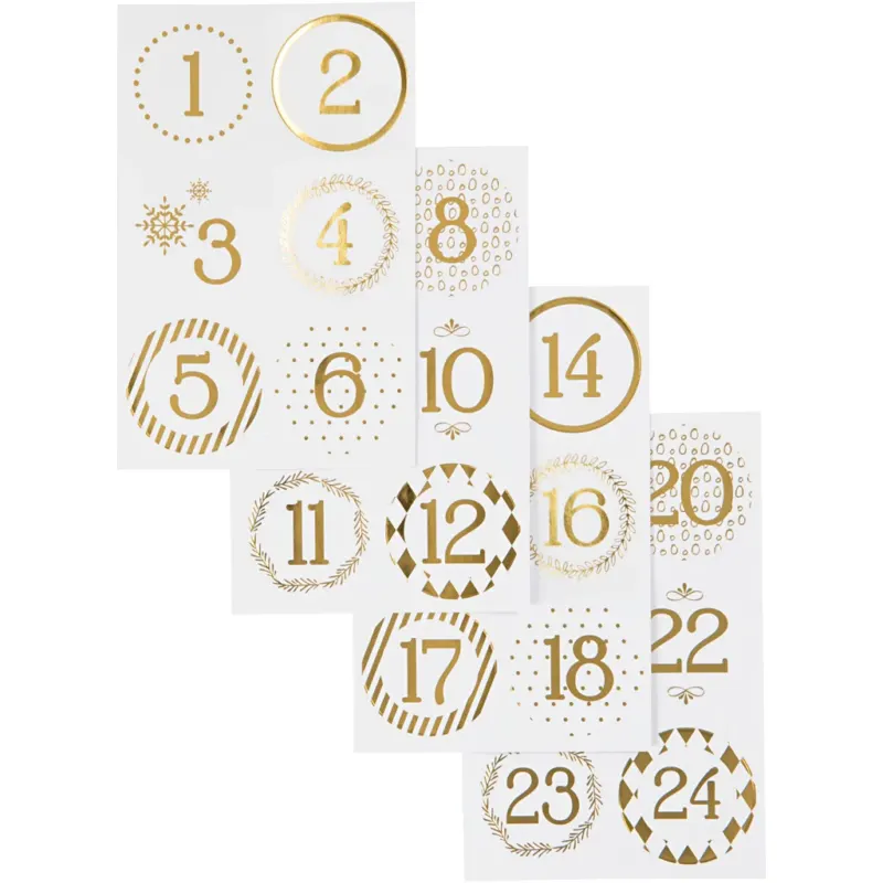 Christmas calendar number stickers, dia. 40 mm, sheet 9x14 cm, gold, white, 4 sheet