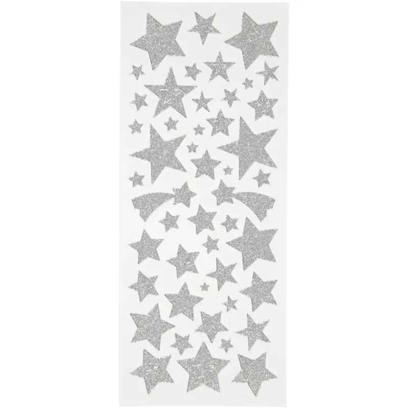 Glitter Stickers, stars, sheet 10x24 cm, ca. 110 pc, silver, 2 sheet