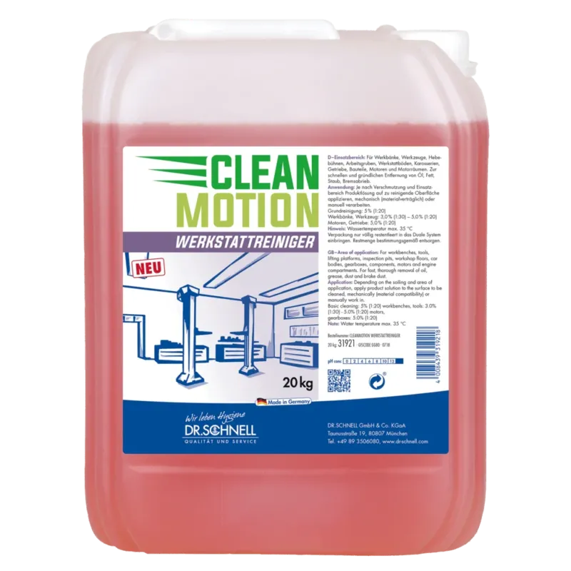 Ein 20 kg Kunststoffbehälter der DR.SCHNELL GmbH & Co. KGaA Dr. Schnell CLEANMOTION WERKSTATTREINIGER mit roter Flüssigkeit und einem Etikett mit Produktangaben, Anweisungen und einer Werkstatt mit Hebebühnen für eine effektive Reinigung.