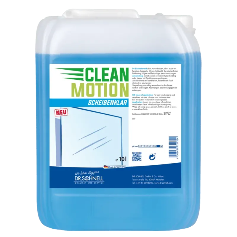 Ein 10-Liter-Kunststoffbehälter von Dr. Schnell CLEANMOTION SCHEIBENKLAR der DR.SCHNELL GmbH & Co. KGaA, mit Produktinfo und einer Windschutzscheibengrafik auf dem Etikett - idealer Glasreiniger für die streifenfreie Reinigung.