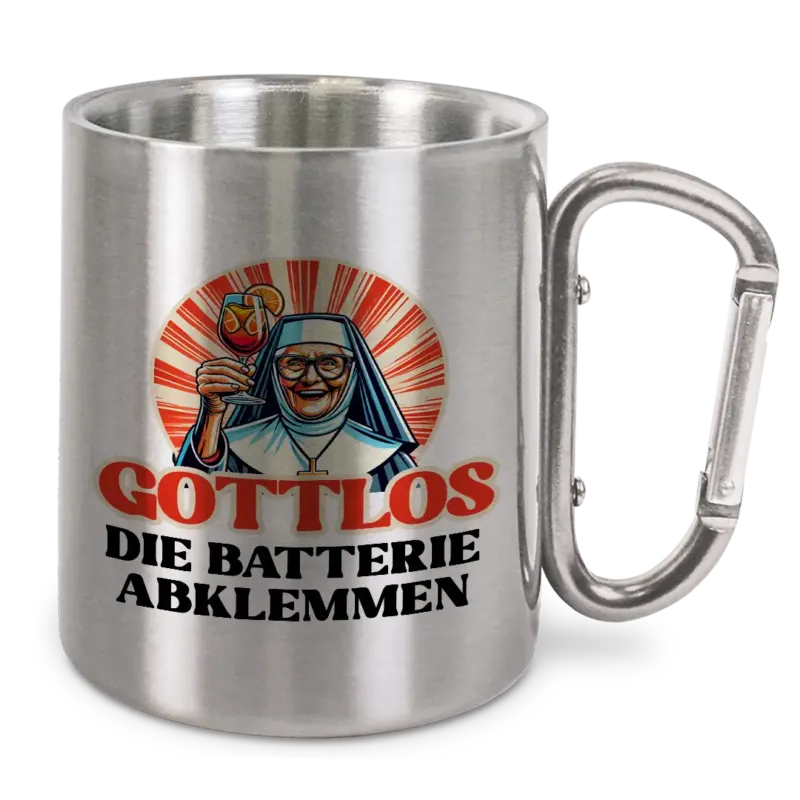 Gottlos die Batterie abklemmen (Nonne) - Edelstahl-Trinkbecher mit Karabinerhaken