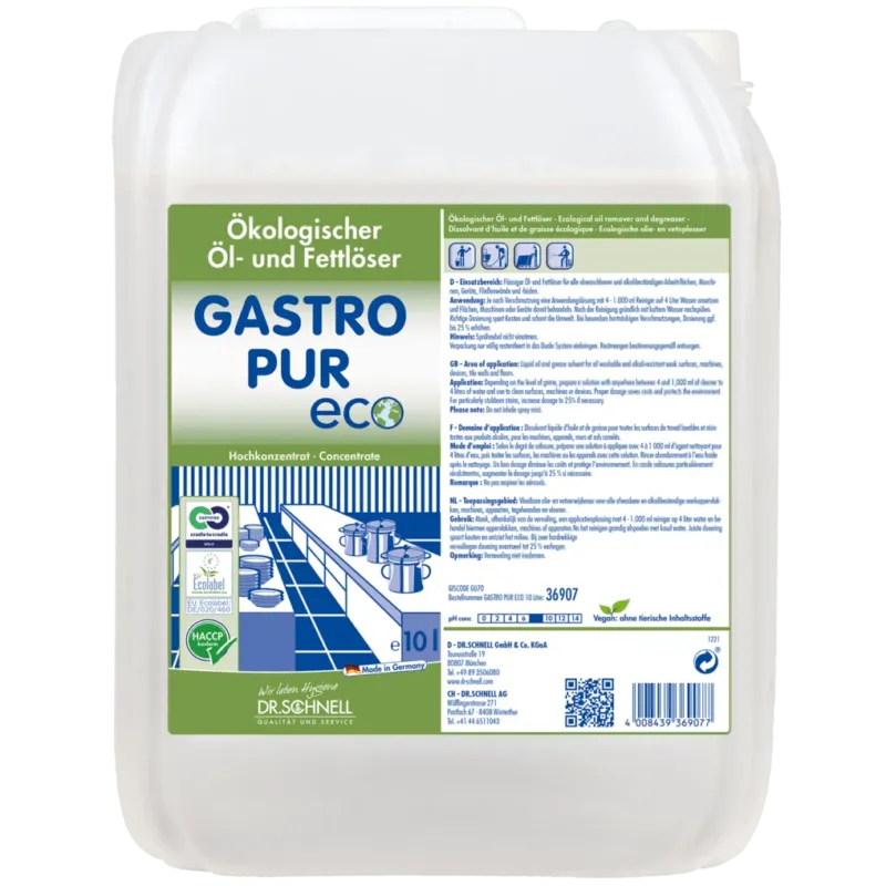 Ein 10-Liter-Gebinde des Dr. Schnell GASTRO PUR ECO Öl- und Fettlöser für Oberflächen der DR.SCHNELL GmbH & Co. KGaA zeigt auf dem Etikett Produktdetails, Zertifizierungen, Anwendungshinweise und Küchengrafiken in den Farben Grün, Blau und Weiß.