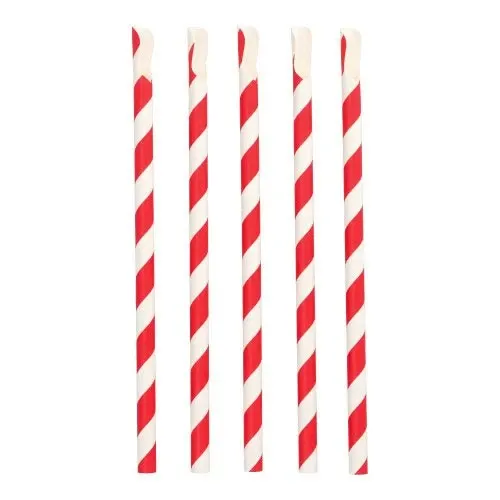 Fünf PAPSTAR Trinkhalme mit Löffel, rot/weiß "Stripes" (23 cm, Ø 10 mm) der PAPSTAR GmbH stehen aufrecht in einer Reihe, jeweils mit diagonalen rot-weißen Streifen und einer abgewinkelten löffelförmigen Spitze auf weißem Grund.
