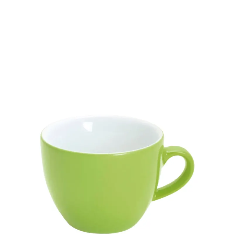 Ein grüne Keramiktasse mit weißem Innenraum steht auf einem neutralen Hintergrund. Die Tasse hat eine runde Form und einen seitlichen Henkel. Sie vermittelt einen frischen und modernen Eindruck, ideal für Kaffee oder Tee.