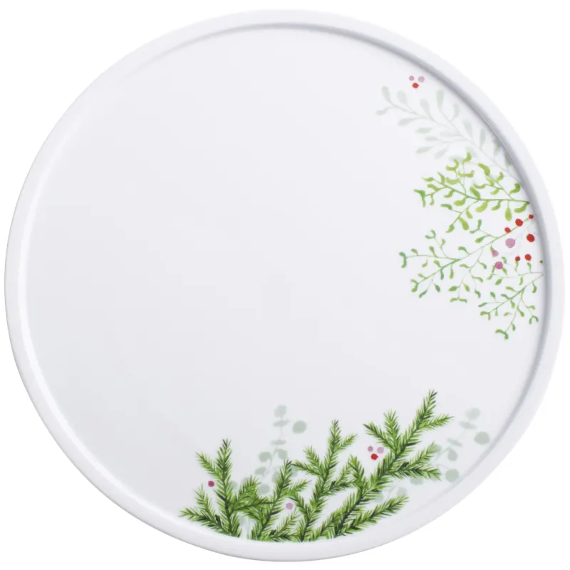 Runder weißer Teller mit einem dekorativen Muster aus grünen, nadeligen Zweigen und kleinen, bunten Beeren. Das Design ist an den Rändern des Tellers angeordnet und verleiht dem Geschirr eine frische, natürliche Note. Ideal für festliche Anlässe oder als dekoratives Element im Essbereich.