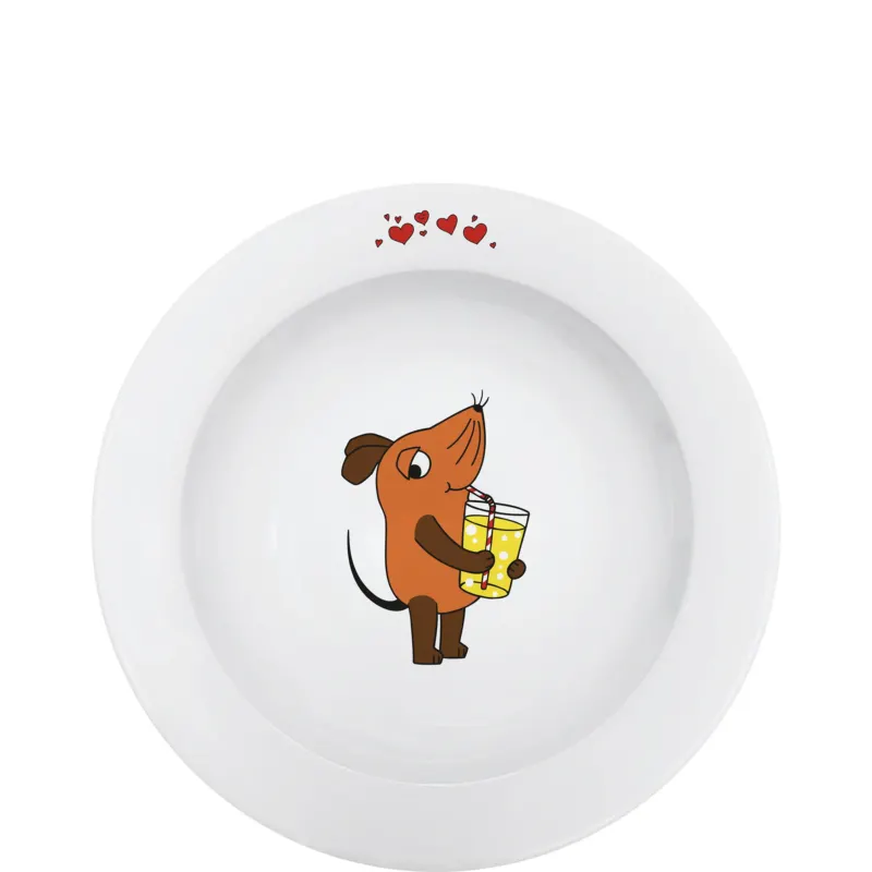 Ein runder, weißer Teller mit einem fröhlichen, cartoonhaften Tier, das wie ein Hund aussieht und zwei Gläser mit Getränken hält. Über dem Tier sind kleine rote Herzen abgebildet. Der Teller vermittelt eine spielerische und liebevolle Stimmung.