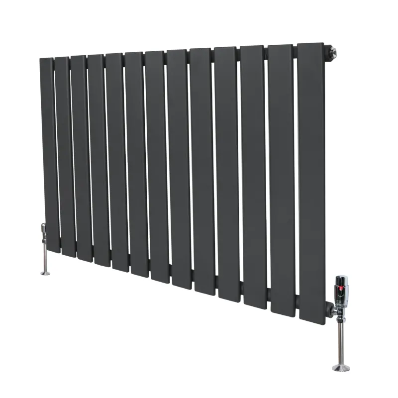 Flachheizkörper in Anthrazitgrau, 600mm x 910mm, mit schlanken Lamellen und modernen Ventilen, ideal für zeitgemäße Wohnräume