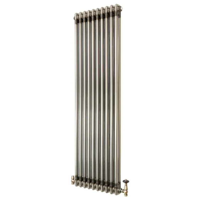 Klassischer 2-Säulen-Heizkörper aus Rohmetall in silberner Farbe, vertikal, mit TRV, 1500 x 470 mm, glänzende Oberfläche und elegante Linienführung