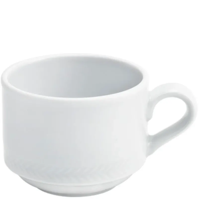 Ein einfaches, weißes Porzellanbecher ohne Verzierung. Der Becher hat eine runde Form, eine schmalere untere Basis und einen stabilen Henkel. Die Oberfläche ist glatt und glänzend, was ihm ein elegantes Aussehen verleiht. Ideal für heiße Getränke wie Kaffee oder Tee.