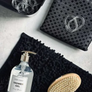 Badezimmer-Set: Duschvorhang & Badematte / Schwarz