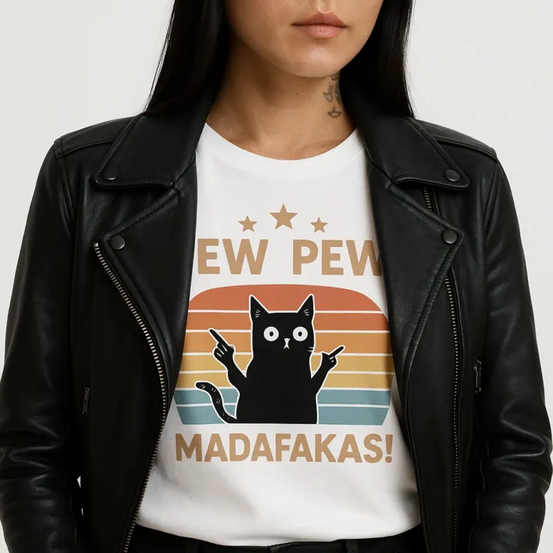 Pew Pew Funny Cat Retro T-Shirt - Image 0