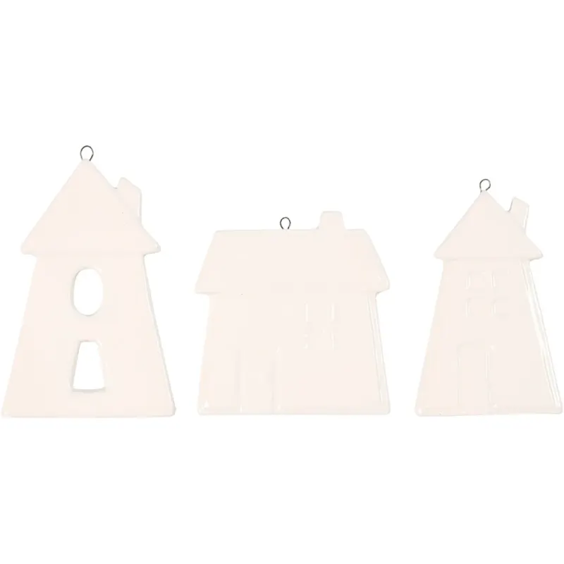 Hanging Ornaments, houses, H: 7,6-9,7 cm, white