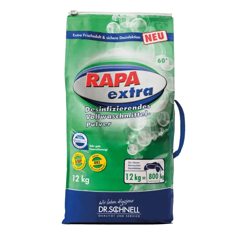 Abgebildet ist ein 12 kg Sack Dr. Schnell RAPA EXTRA Wäschedesinfektion manuelle Dosierung von DR.SCHNELL GmbH & Co. KGaA ist abgebildet. Die grüne Verpackung unterstreicht die Eignung für die professionelle Wäschedesinfektion durch manuelle Dosierung.