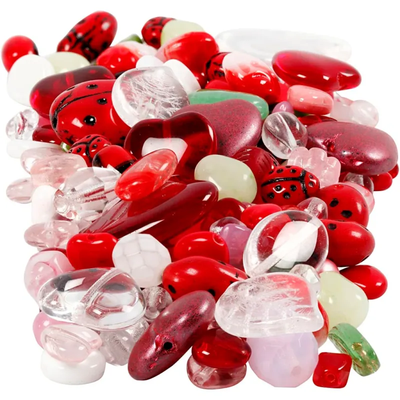 Glass beads, ladybirds, leaves, hearts, dia. 5-22 mm, hole size 0,5-1,5 mm, assorted colours, 350 g