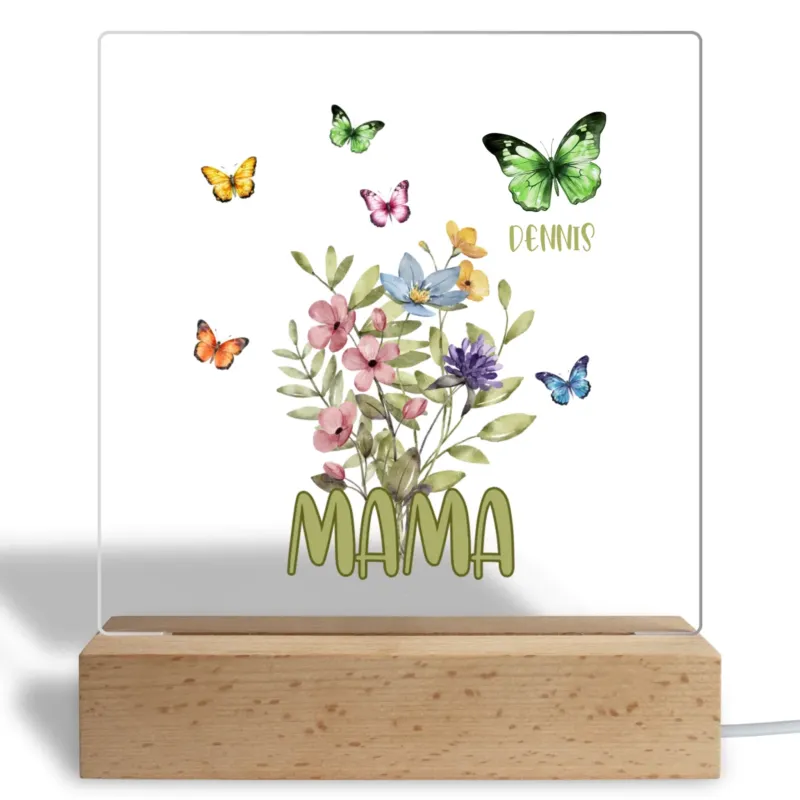 Bild: Personalisiertes Acryl Glasbild - Für Mama mit Namen der Kinder - Blumen mit Schmetterlinge.