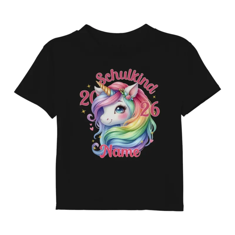Bild: Personalisiertes Kinder T-Shirt - Einhorn Schulkind 2026 mit Name - Geschenk zur Einschulung Mädchen.