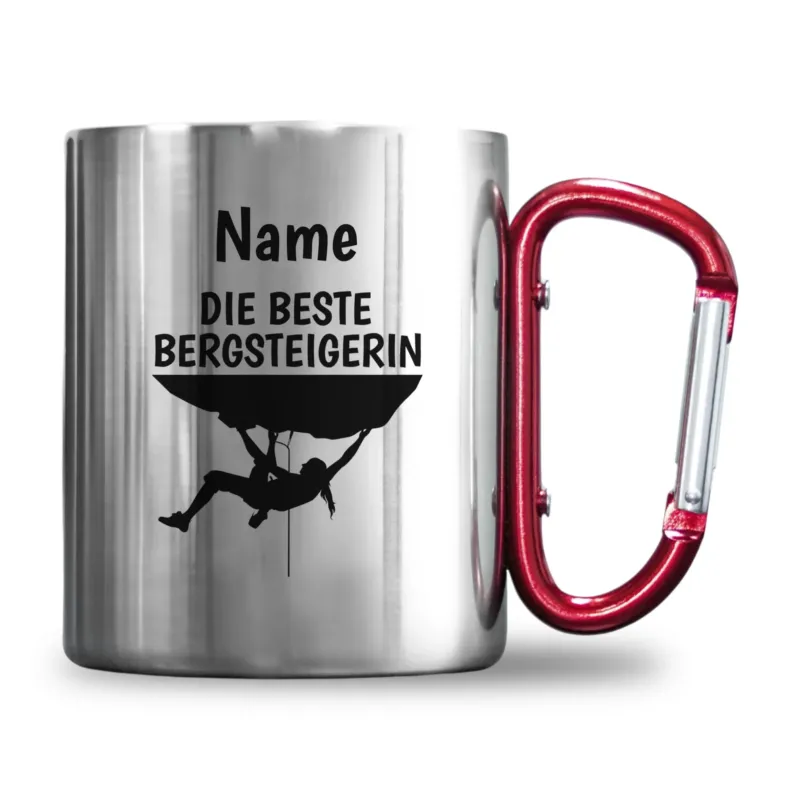 Bild: Personalisierte Edelstahl-Tasse mit Karabiner - "Name" Die Beste Bergsteigerin - Geschenk für Kletterer, Klettern.