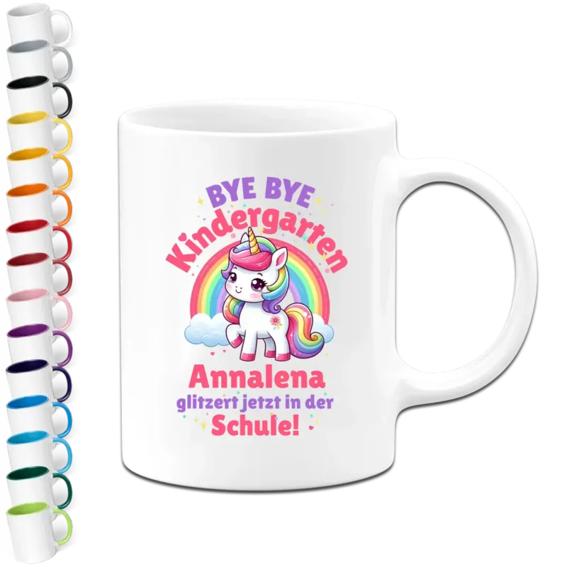 Personalisierte Tasse - Bye Bye Kindergarten "Name" glitzert jetzt in der Schule - Geschenk zur Einschulung für Mädchen