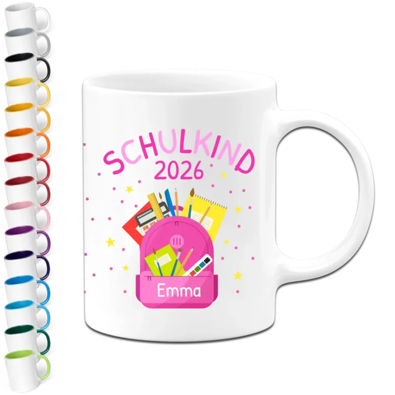 Personalisierte Tasse - Schulkind Name & Datum - Rucksack Rosa - Geschenk zur Einschulung Mädchen