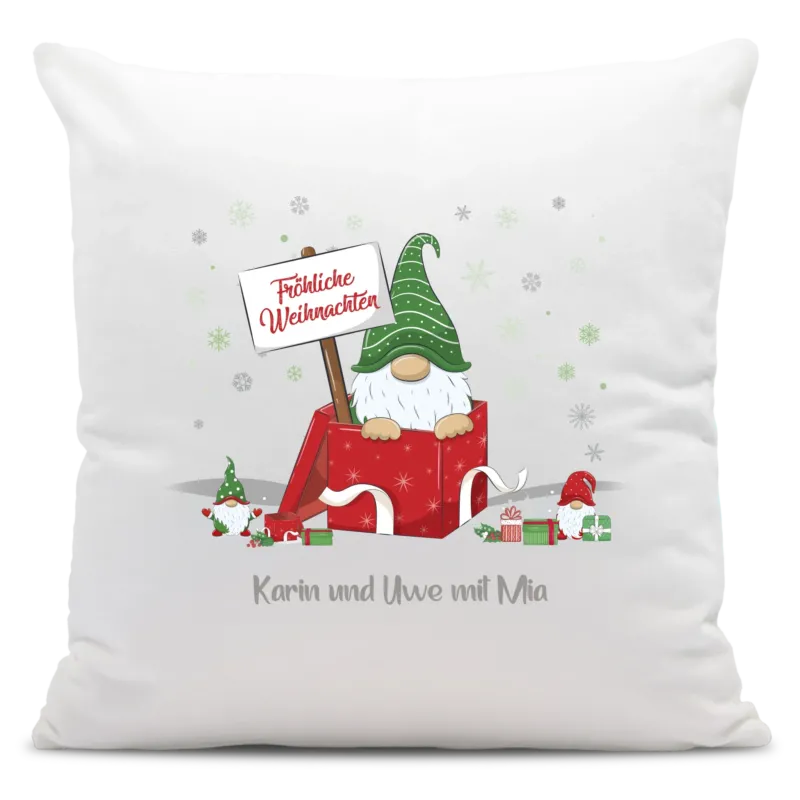 Bild: Personalisiertes Weihnachts-Kissen - Wichtel Fröhliche Weihnachten mit Wunschtext, Namen - Weihnachtsgeschenk.