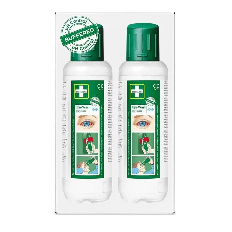 Cederroth Augenspülung 2 x 500 ml von Orkla Wound Care AB: Zwei weiße Flaschen mit grünem Verschluss und einem Augenetikett mit der Aufschrift pH Control Buffered. Perfekt für eine schnelle Reaktion bei Augenunfällen. Die Packung enthält 2 Stück (2er-Pack).
