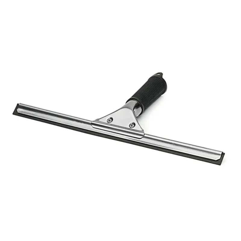 Der Nölle Profi Brush Fensterwischer Edelstahl von Nölle Profi Brush Bürsten- & Pinseltechnik e.K. mit schwarzer Gummilippe und Griff sorgt für streifenfreie Sauberkeit - auf weißem Hintergrund präsentiert.