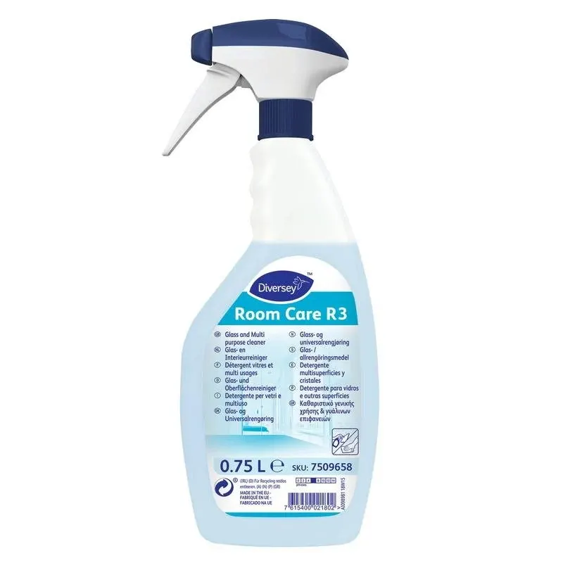 Eine weiß-blaue Sprühflasche mit der Aufschrift "Room Care R3, Oberflächen- und Glasreiniger" von Diversey Deutschland GmbH & Co. OHG fasst 0,75L Reiniger. Das Etikett zeigt mehrsprachige Hinweise und Angaben zur streifenfreien Reinigung.