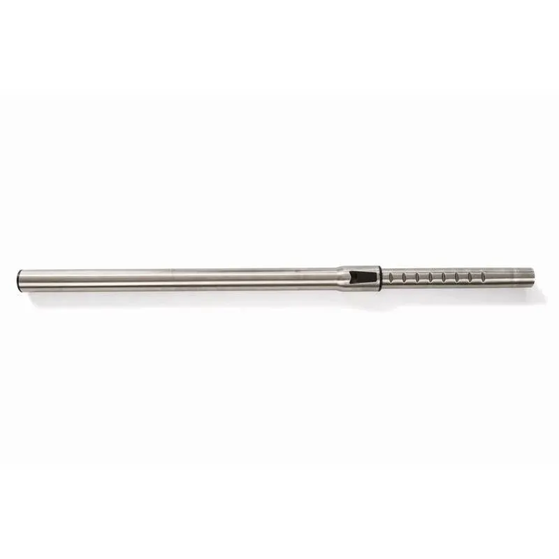 Ein wiederverwendbarer gerader Strohhalm aus Edelstahl mit gleichmäßig verteilten Kerben, die das präzise Design des TASKI AERO Teleskopsaugrohrs 32mm von Diversey Deutschland GmbH & Co. OHG, abgebildet auf weißem Hintergrund.