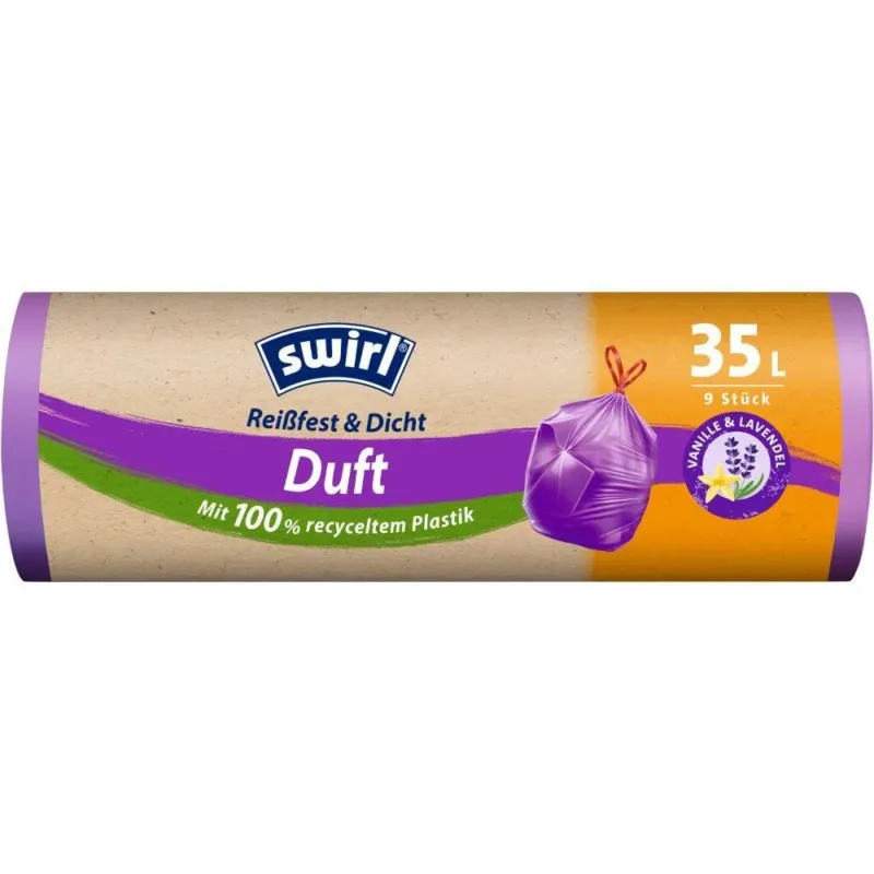 Eine Rolle Swirl Duft-Müllbeutel Vanille-Lavendel 35l von Melitta Europa GmbH & Co. KG, reißfest und dicht. Hergestellt aus 100 % recyceltem Kunststoff mit frischem Vanille-Lavendel-Duft. Jede Packung enthält 9 Duft-Müllbeutel.