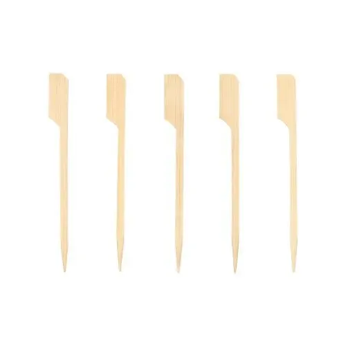 Fünf PAPSTAR 250 Fingerfood - Spieße "pure" der PAPSTAR GmbH sind senkrecht auf einem schlichten weißen Hintergrund angeordnet. Jedes Plektrum ist hell, hat ein flaches, abgewinkeltes Ende und eine spitze Spitze - ideal zum Servieren von Fingerfood.