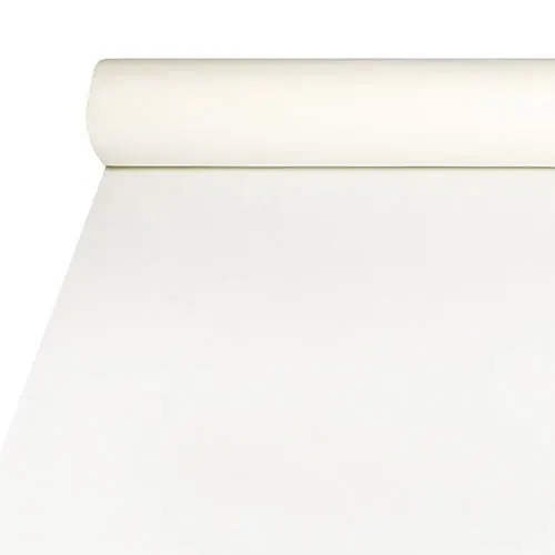 Die Starpak Tischdecke aus Airlaid (20m x 1,2m) in Weiß bietet eine stoffähnliche Optik, ist langlebig sowie pflegeleicht; Der Rollenanfang liegt am oberen Bildrand.