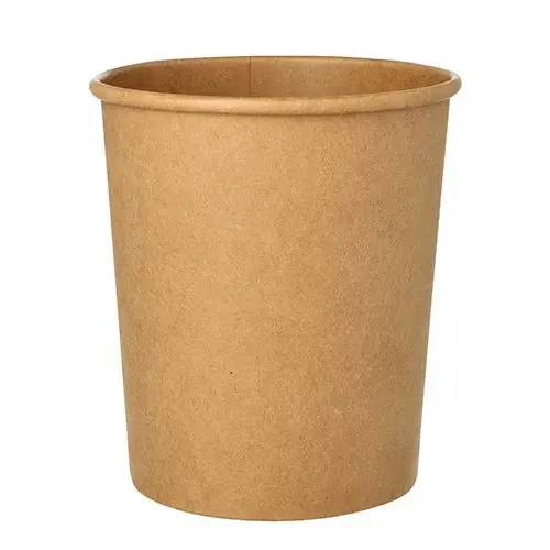 Der Starpak 25 Suppenbecher, Pappe rund Ø 11,5 cm in Braun steht aufrecht vor weißem Hintergrund – ein stabiler, brauner Suppenbecher von Starpak mit gerolltem Rand, ideal für Suppen unterwegs.