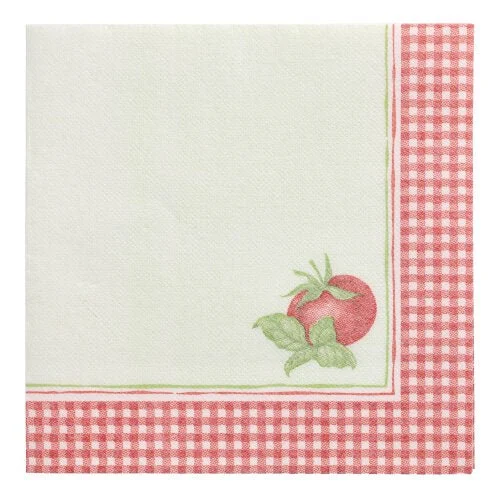Die PAPSTAR 50 Servietten "ROYAL Collection" 1/4-Falz 40 x 40 cm der PAPSTAR GmbH ist mit einer rot-weiß karierten Bordüre, einer kleinen Tomaten-Illustration und einem reinweißen Mittelpunkt versehen, der das hochwertige Design unterstreicht.
