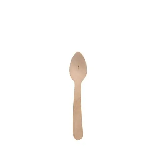 Ein einzelner PAPSTAR Kaffeelöffel Holz "pure", 11 cm, umweltfreundlich und stabil von PAPSTAR GmbH, liegt auf schlicht weißem Hintergrund. Der biologisch abbaubare Löffel hat ein einfaches Design mit rundem Griff und flacher Schale.