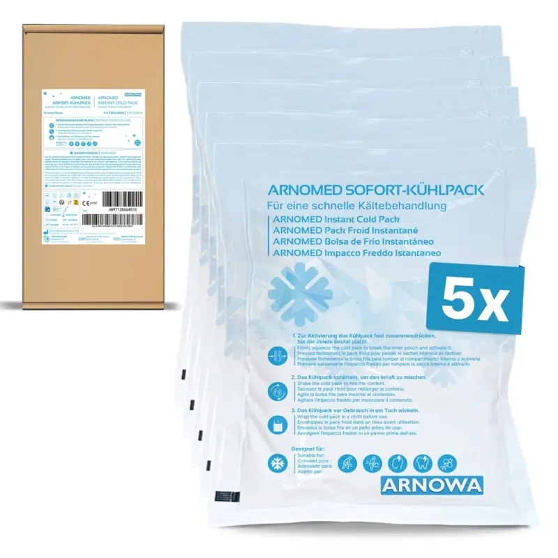 Fünf ARNOMED SOFORTKÄLTEKOMPRESSE von ARNOWA GmbH in klarer Kunststoffverpackung, ausgestellt vor einer Box mit mehrsprachiger Info. Ein blaues "5x"-Symbol hebt die Menge für eine effektive Kältetherapie hervor.