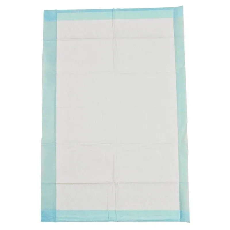 Eine rechteckige Abena Einweg-Unterlage, 6-lagig, 40x60 cm, weiß mit blauem Rand, liegt flach auf einem neutralen Hintergrund; die Oberfläche zeigt dezente Knicklinien und eine gesteppte Struktur. Packung mit 25 Stück von Abena Re-Seller GmbH.