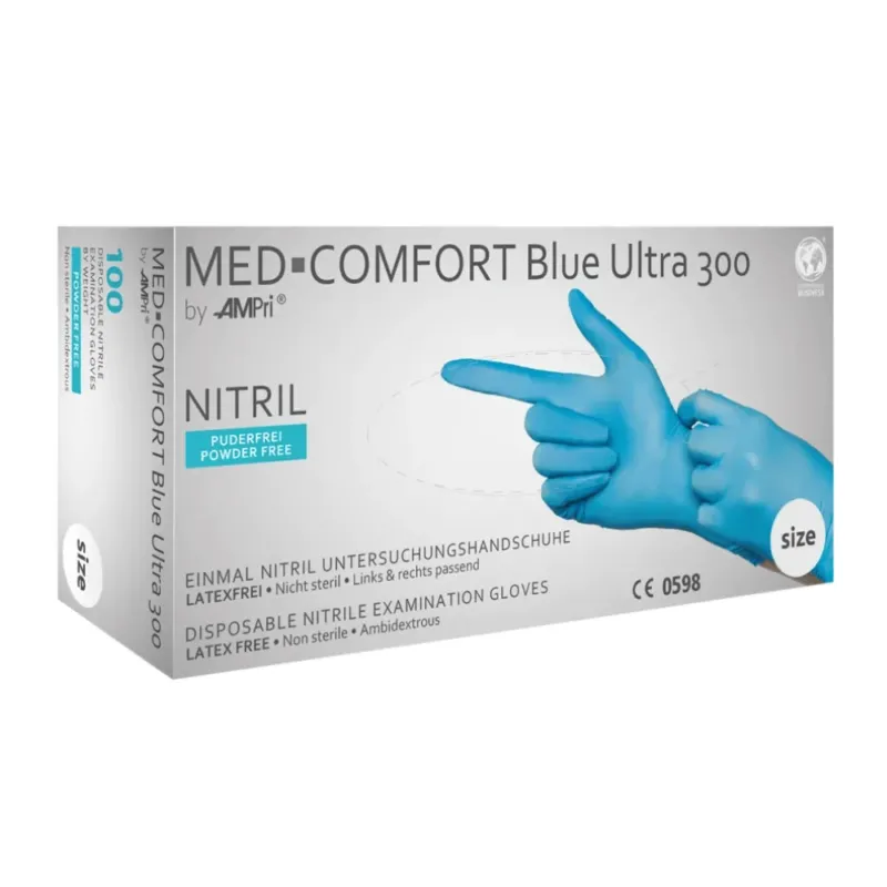 Schachtel mit AMPri MED-COMFORT BLUE ULTRA 300 Nitrilhandschuhe extra Lang puderfrei, blau von AMPri Handelsgesellschaft mbH. Die Schachtel ist überwiegend weiß und blau, zeigt ein Bild von behandschuhten Händen und gibt an, dass die Nitrilhandschuhe latexfrei, puderfrei, beidhändig tragbar und lebensmittelecht sind. Die Größenangabe ist deutlich sichtbar.